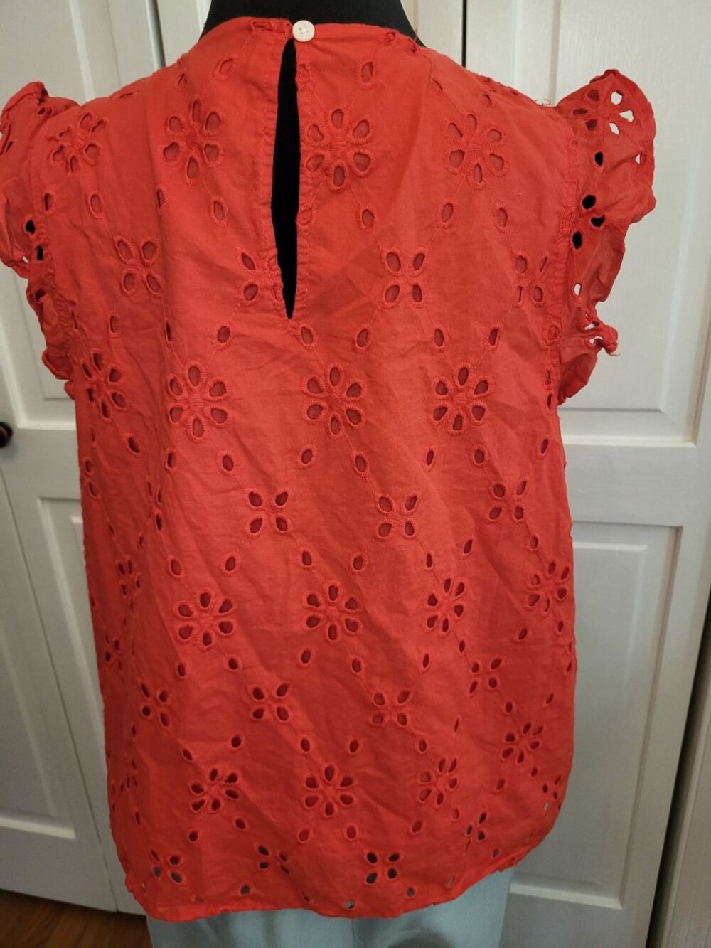 J Crew Red Eyelet Blouse Flutter Sleeve L Preppy Coastal Summer July 4th Brunch - Picture 2 of 10